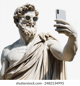 A selfie or a piece to camera with a statue